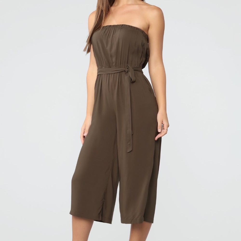 Olive green cropped tube wide leg belted jumpsuit